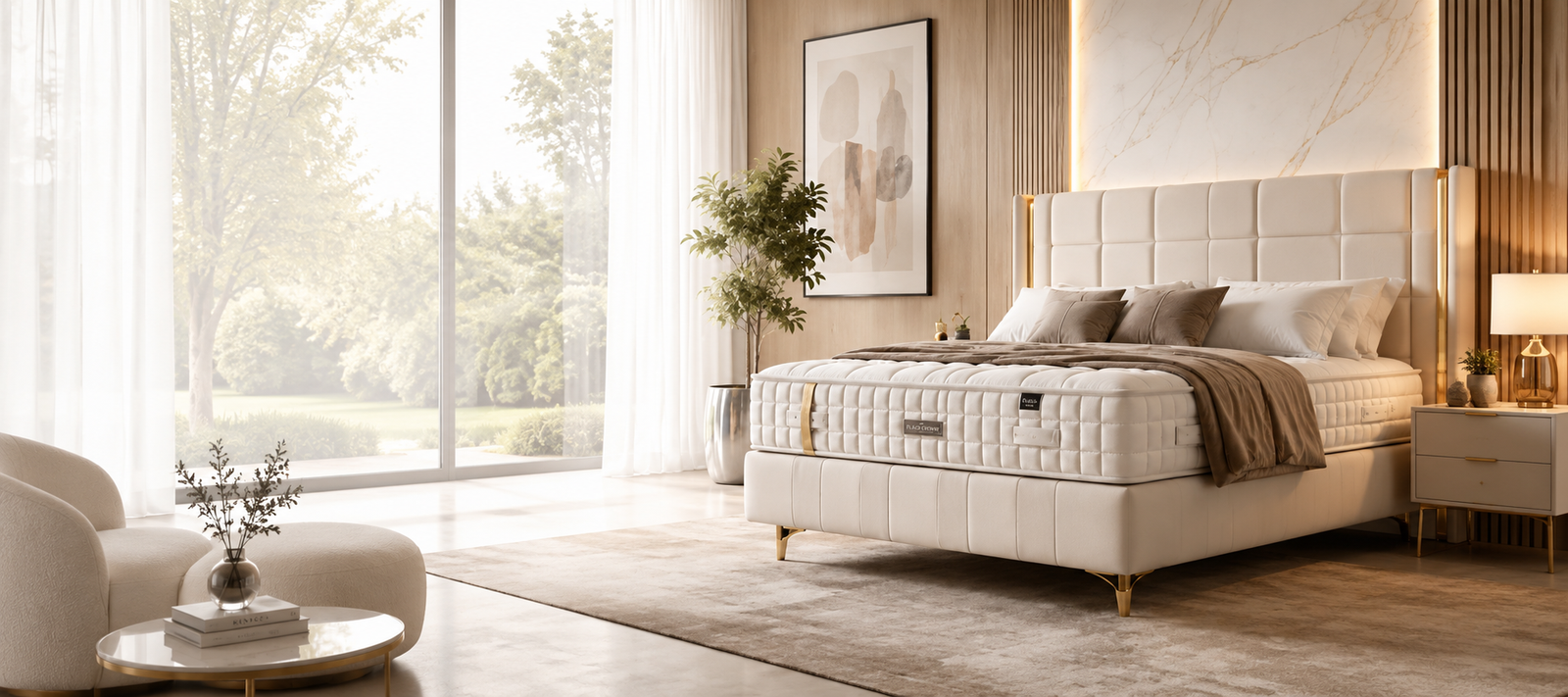 Schlafzimmer mit cremefarbenem Boxspringbett, hohem gepolstertem Kopfteil und goldenen Füßen – Schlafen bei Plazacrown