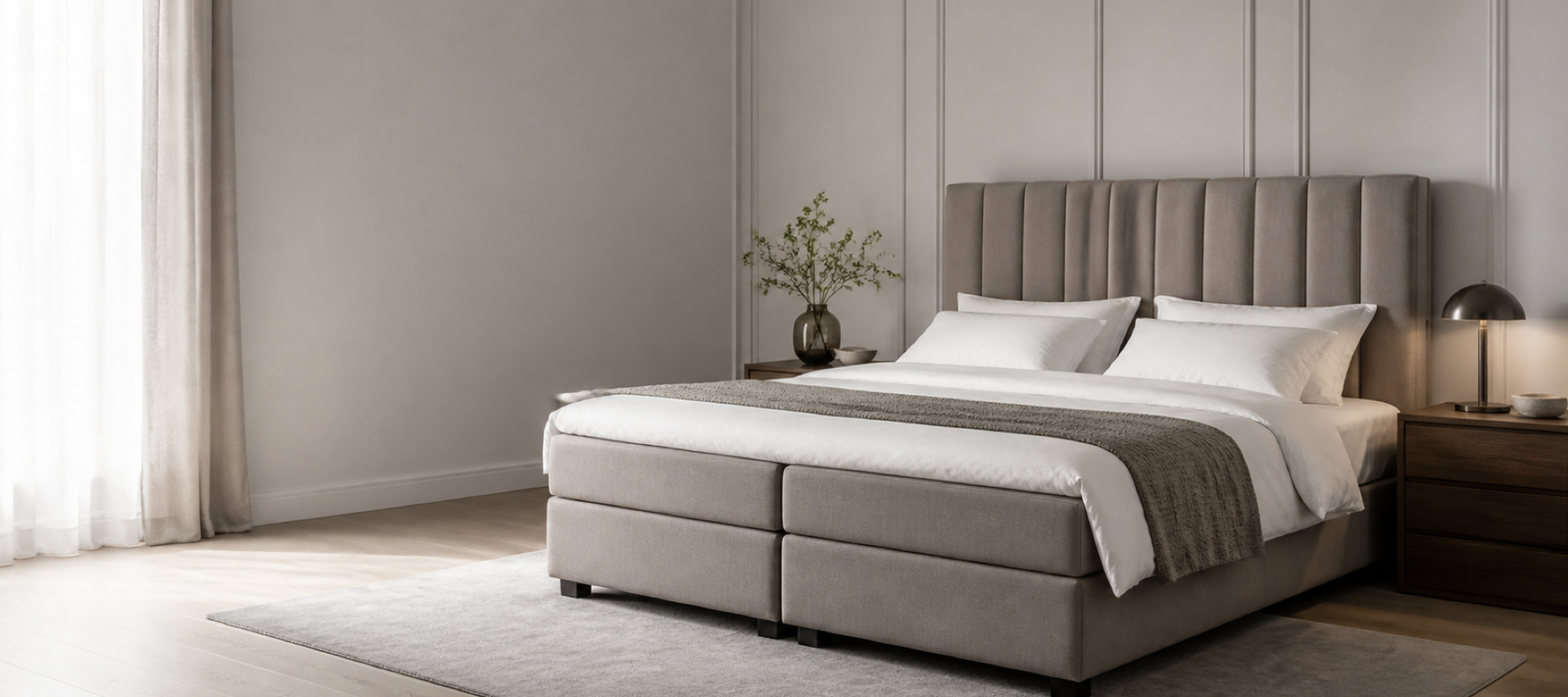 Boxspringbett in Taupe mit vertikal gestepptem Kopfteil und Nachttischen aus dunklem Holz – Plazacrown