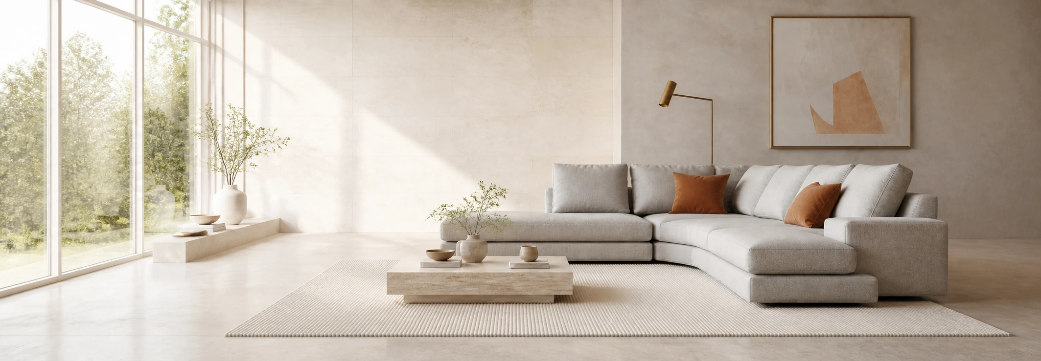 Hellgraues Ecksofa in L-Form mit terrakottafarbenen Kissen und niedrigem Couchtisch – Ecksofas bei Plazacrown