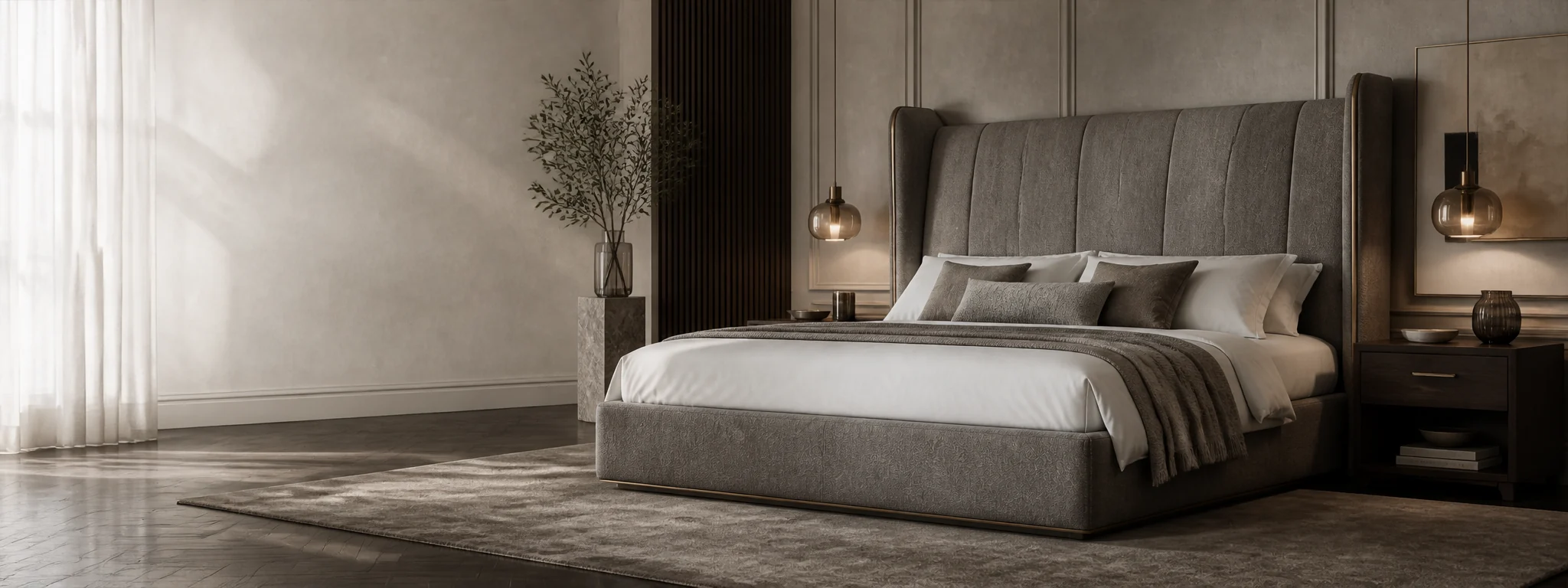 Geschlossenes Polsterbett in Dunkeltaupe mit hohem gepolstertem Flügelkopfteil in elegantem Schlafzimmer – Plazacrown