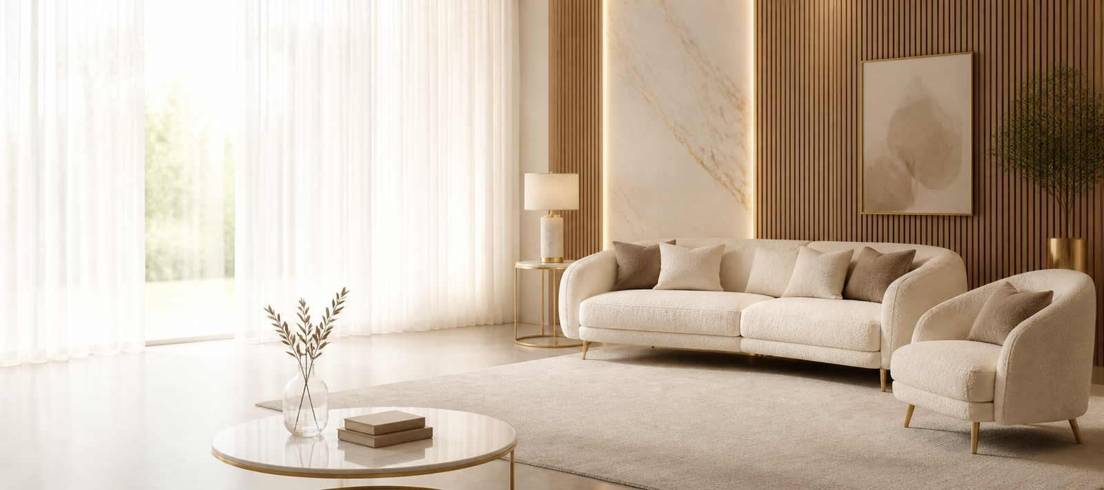 Wohnzimmer mit cremefarbenem Bouclé-Sofa, Sessel und rundem Couchtisch vor Holzlamellenwand – Wohnen bei Plazacrown