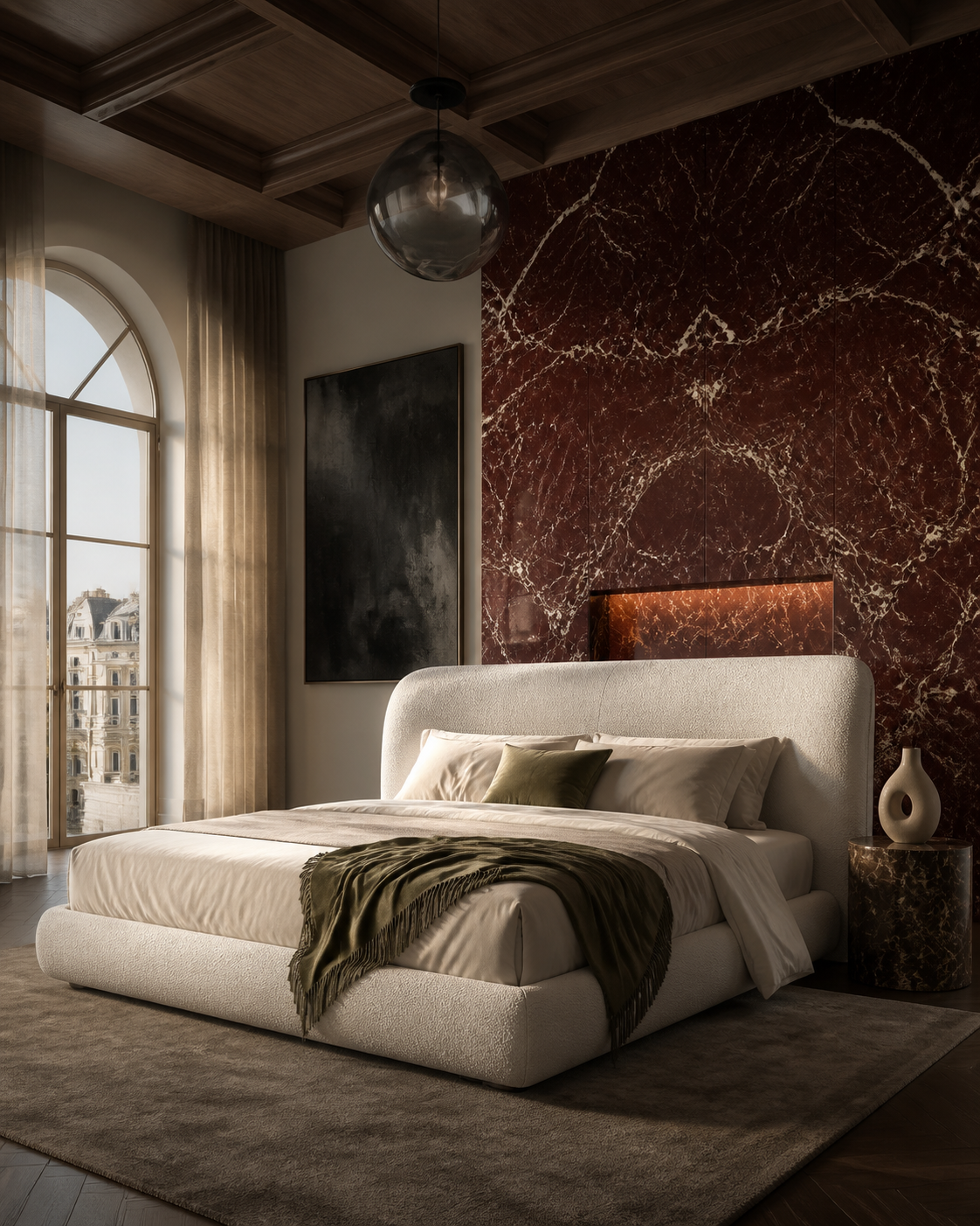 Inszeniertes Schlafzimmer mit Bouclé-Bett, Marmorwand und Walnussholz