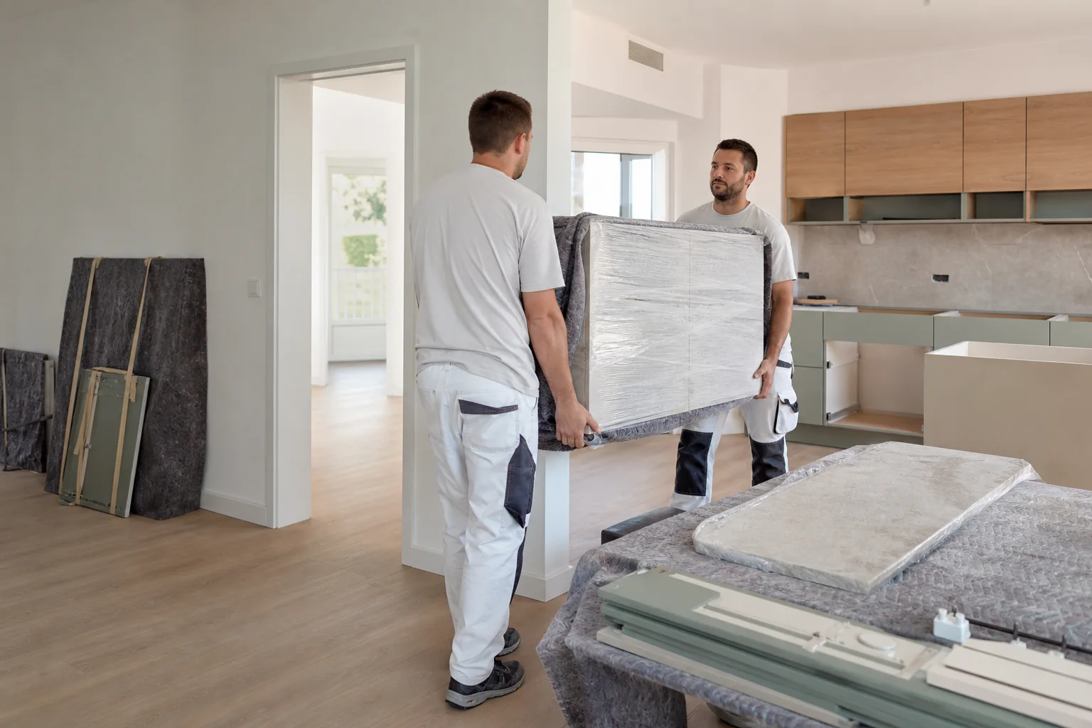 Zwei Monteure tragen ein geschütztes Küchenelement in die neue Wohnung