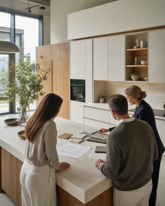 Küchenplanung mit Grundriss und Materialmustern auf dem Tisch