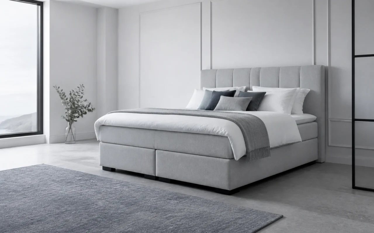 Helles Schlafzimmer mit Bett und Nachttisch