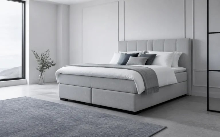 Helles Schlafzimmer mit Bett und Nachttisch