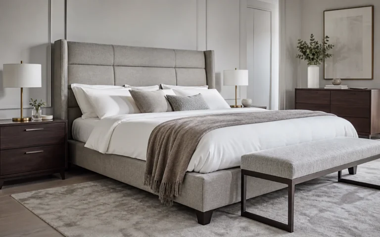 Helles Schlafzimmer mit gepolstertem Bett und Nachttisch