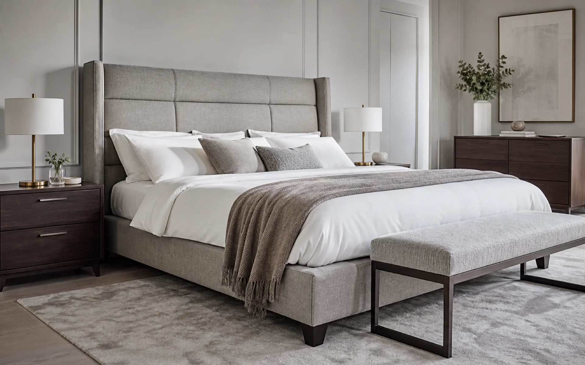 Helles Schlafzimmer mit gepolstertem Bett und Nachttisch