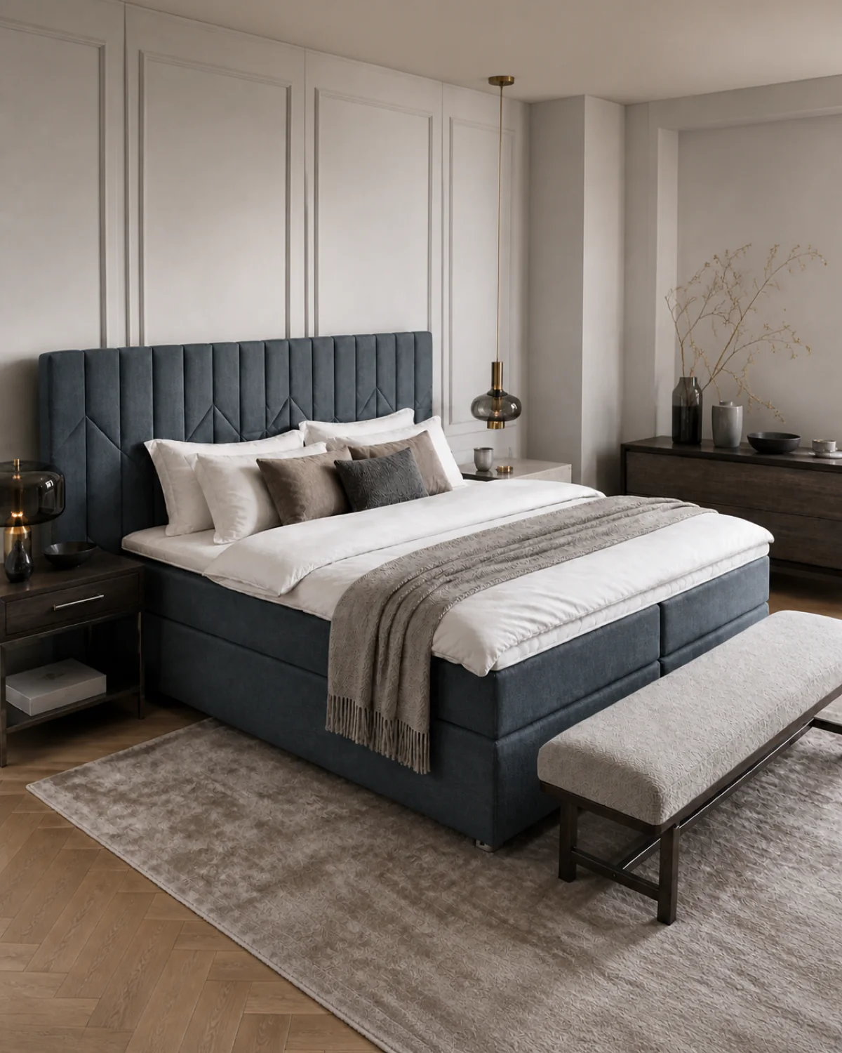Boxspringbett mit hohem Kopfteil und Nachttischen bei Tageslicht