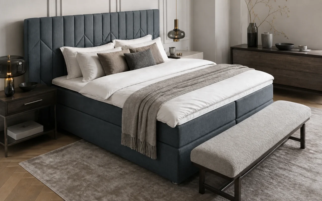 Schlafzimmer mit gepolstertem Bett und weicher Decke