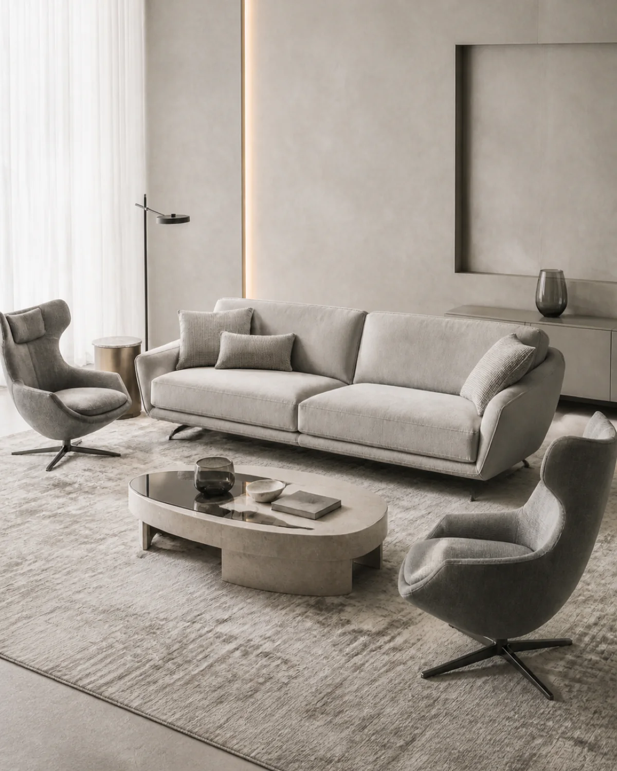 Wohnzimmer mit heller Sofagarnitur, Couchtisch und Teppich