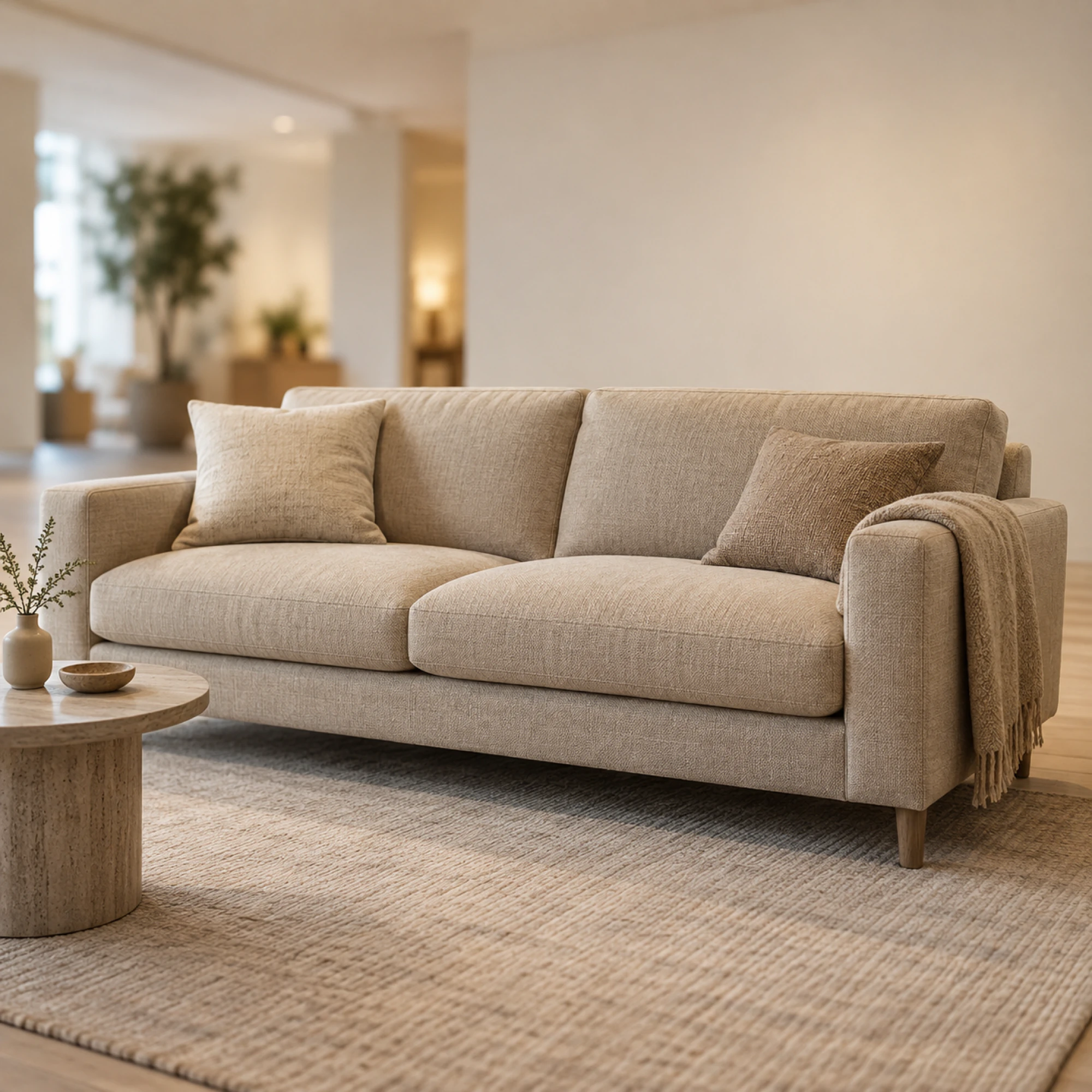 Einzelnes Sofa im Showroom, frei aufgestellt mit Teppich und Beistelltisch