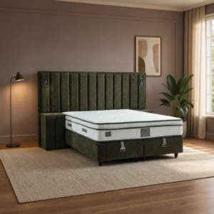 Pella Green Polsterbett in tiefem Oliv mit wandbreitem, gestepptem Kopfteil