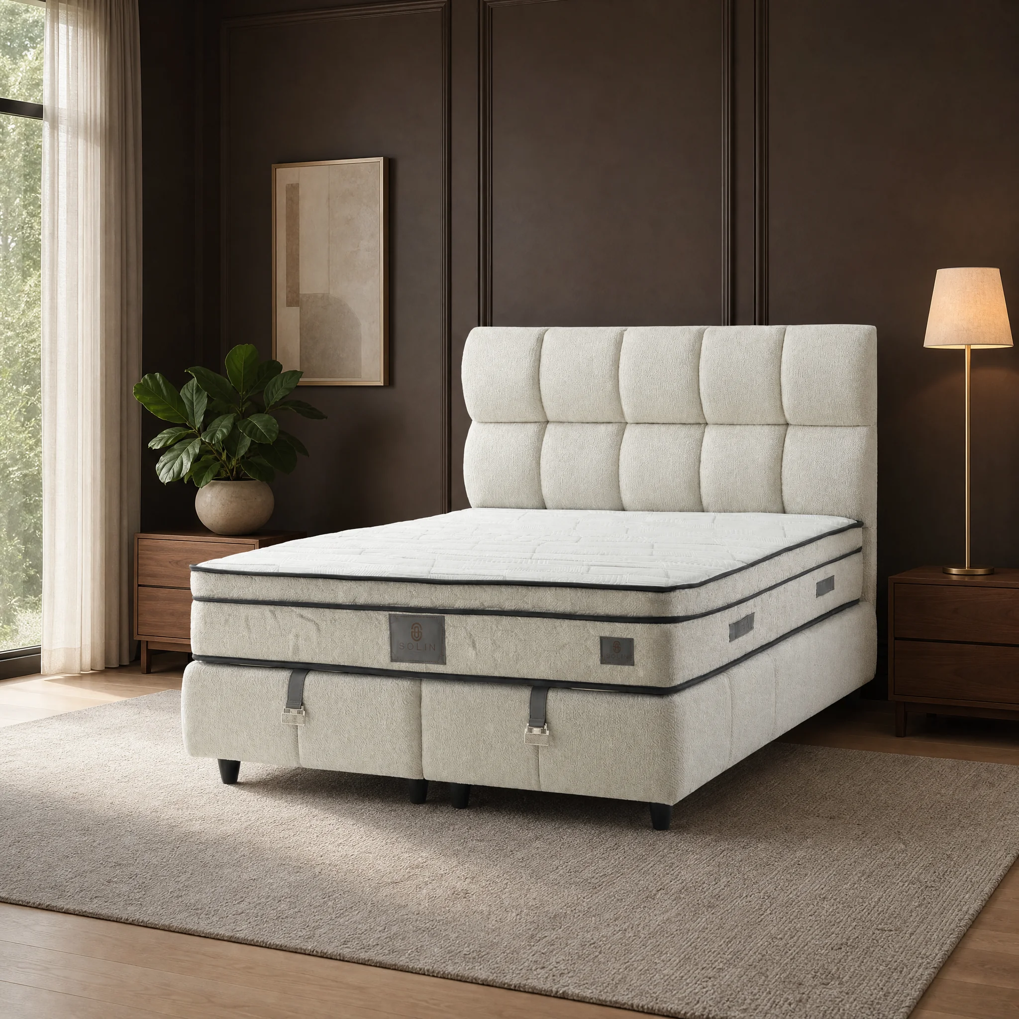 Puffy Cream Polsterbett mit gerollter Oberkante am Kopfteil, in hellem Creme