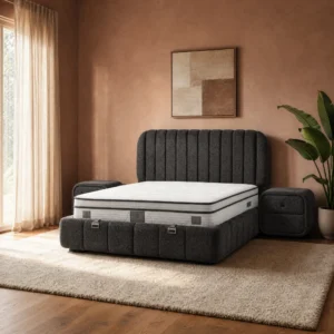 Royal Gray Polsterbett in dunklem Graubraun mit Bogenkopfteil