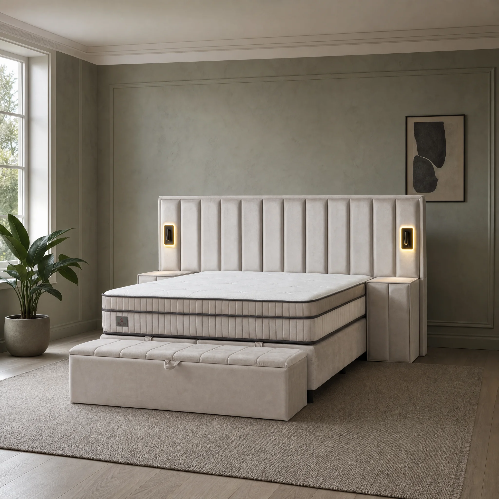 Schlafzimmer mit wandbreitem, senkrecht gestreiftem Polsterkopfteil und zwei Leseleuchten