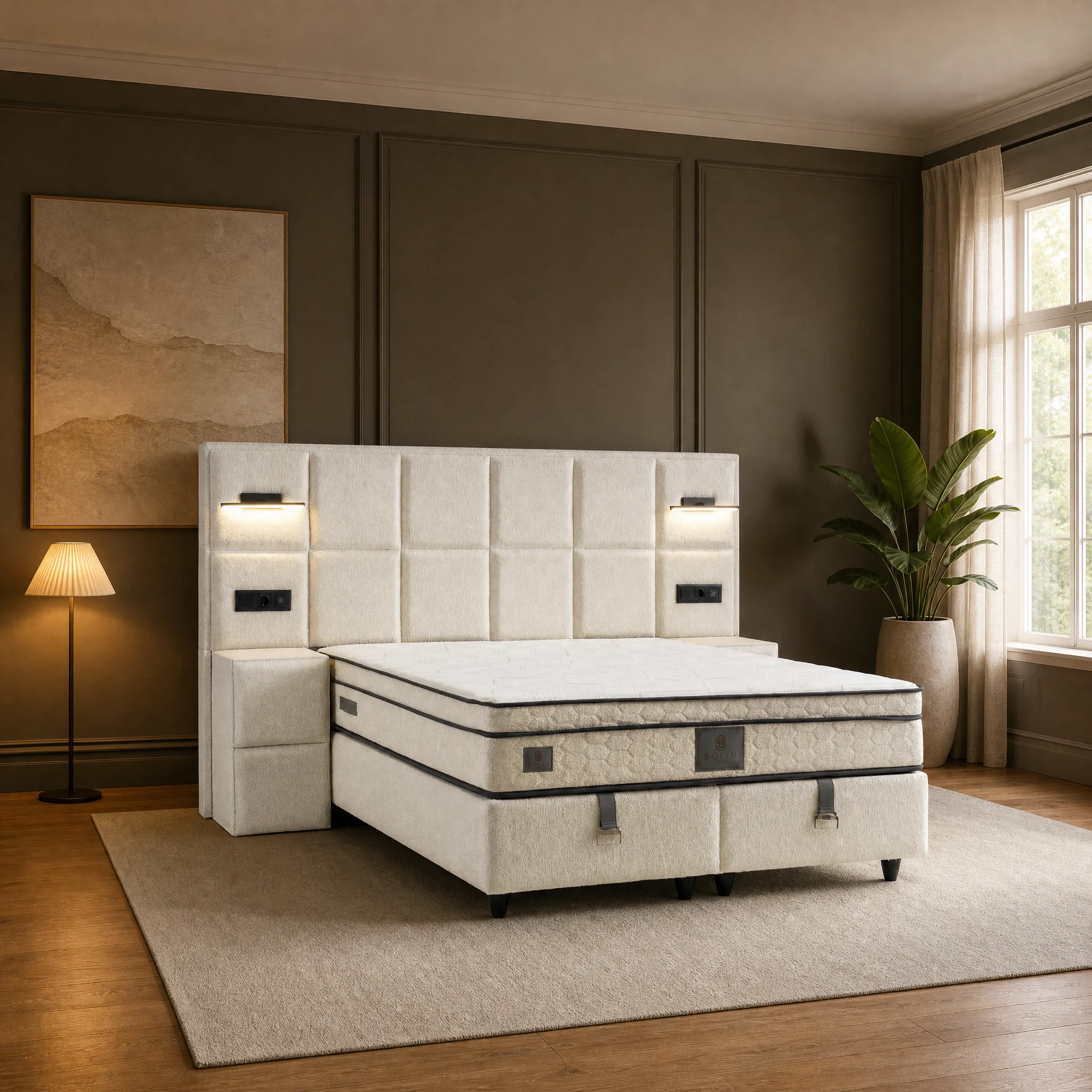 Vanessa Cream Polsterbett in Creme mit wandbreitem Kopfteil aus großen Polsterquadraten
