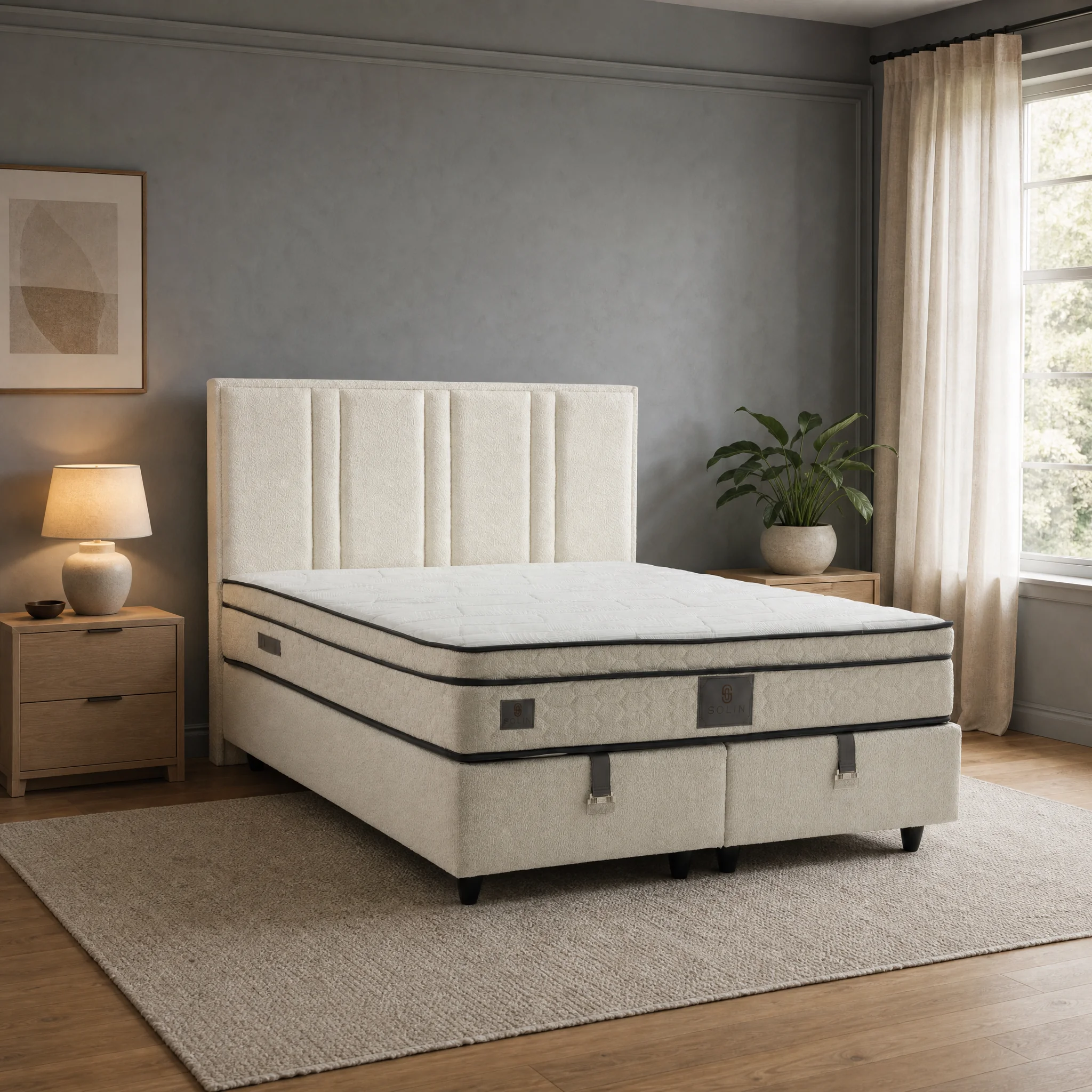 Zena Polsterbett in Creme mit hohem, gerade geschnittenem Kopfteil im Schlafzimmer