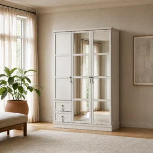 Weißer Rumeli Kleiderschrank schräg aufgenommen, links die Paneeltür, rechts zwei Spiegeltüren bis zum Sockel