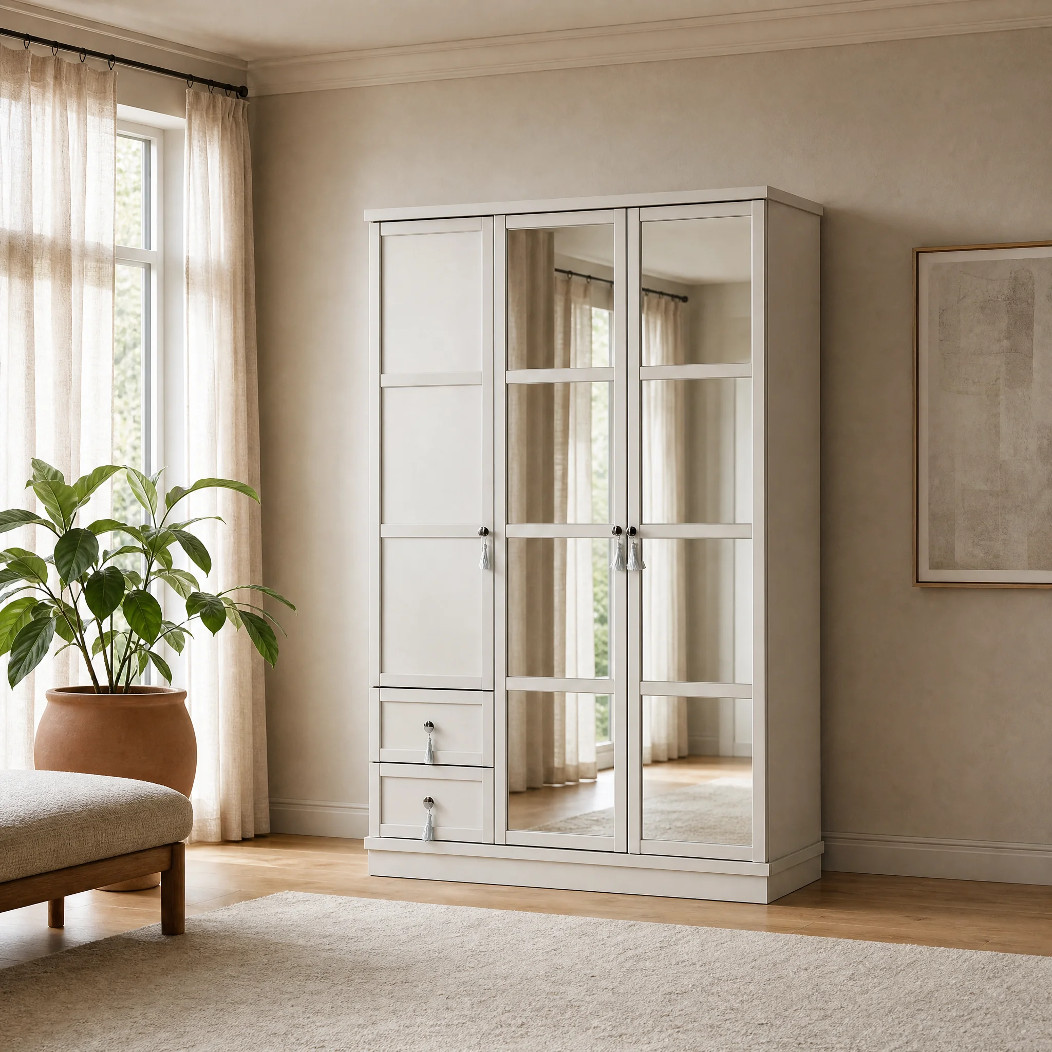 Weißer Rumeli Kleiderschrank schräg aufgenommen, links die Paneeltür, rechts zwei Spiegeltüren bis zum Sockel