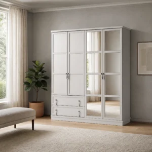 Rumeli Kleiderschrank mit vier Türen im Zimmer, links zwei geschlossene Türen, rechts eine verspiegelte Hälfte