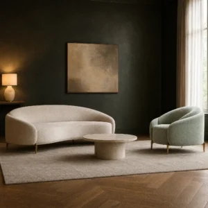 Halbmondförmiges Sofa in Creme und runder Schalensessel in Salbeigrün, dazwischen ein runder Couchtisch auf hellem Teppich