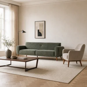 Graugrünes Sofa mit einzelnem Knopf in der durchlaufenden Rückenlehne, daneben ein cremefarbener Sessel in einem hellen Wohnzimmer