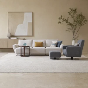Sirena Sofagarnitur in Creme mit dunkelgrauem Sessel und Hocker in einem hellen Wohnzimmer