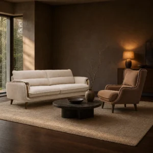 Sofagarnitur in Creme mit Sessel in Mokka, davor ein runder Couchtisch aus dunklem Stein
