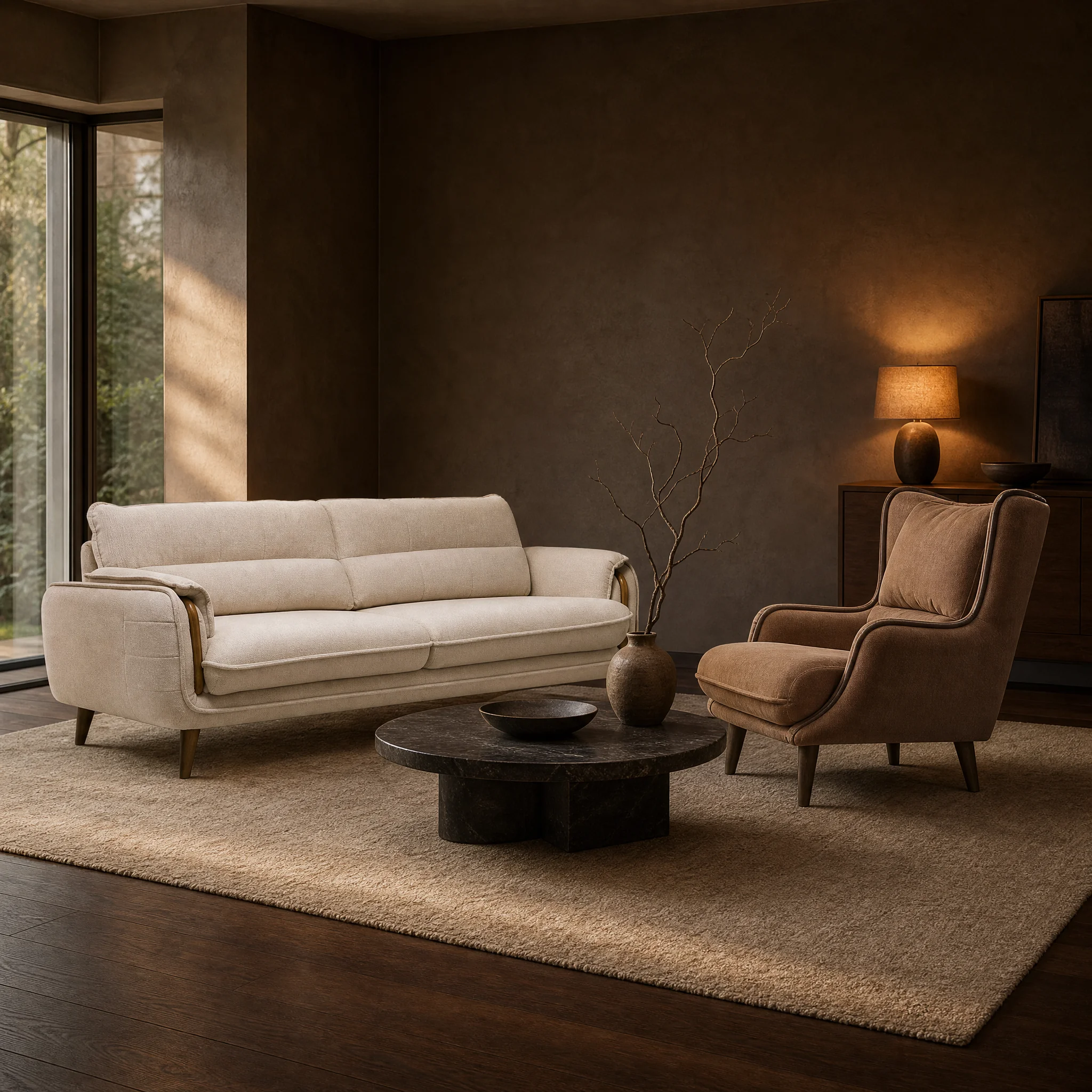 Sofagarnitur in Creme mit Sessel in Mokka, davor ein runder Couchtisch aus dunklem Stein