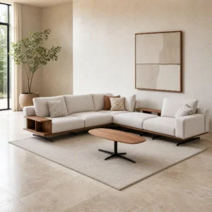 Giza Ecksofa in Creme, sieben Module mit zwei integrierten Ablageflächen