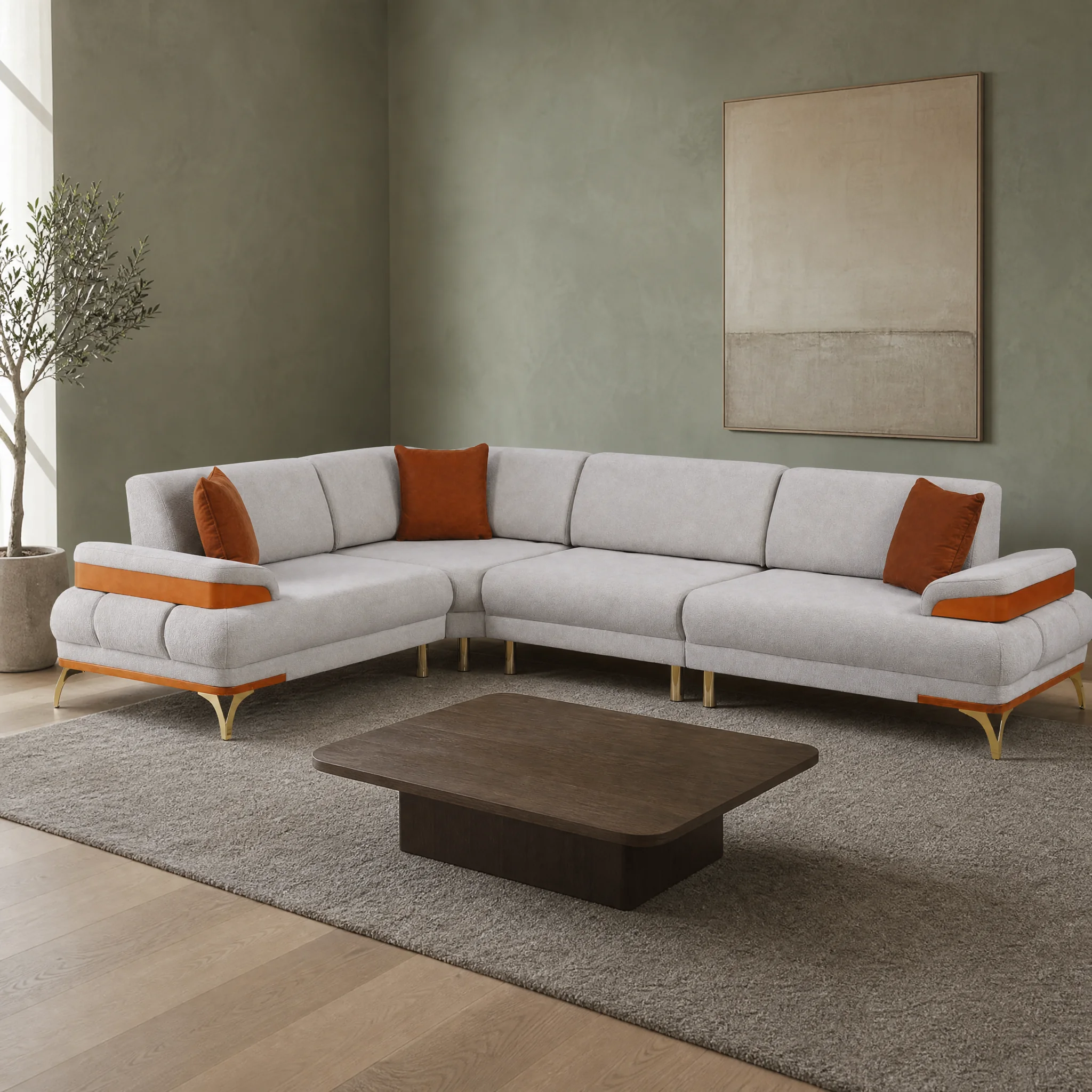 Luna Ecksofa in L-Form, helle Polsterung mit orangefarbenen Einsätzen an den Armlehnen