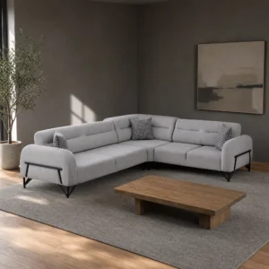 Polo Ecksofa in L-Form, hell gepolstert, mit schwarzem Metallbügel an beiden Armlehnen