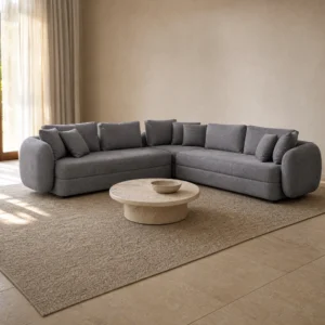 Toscana Ecksofa in Grau, symmetrische L-Form mit niedriger Rückenlehne
