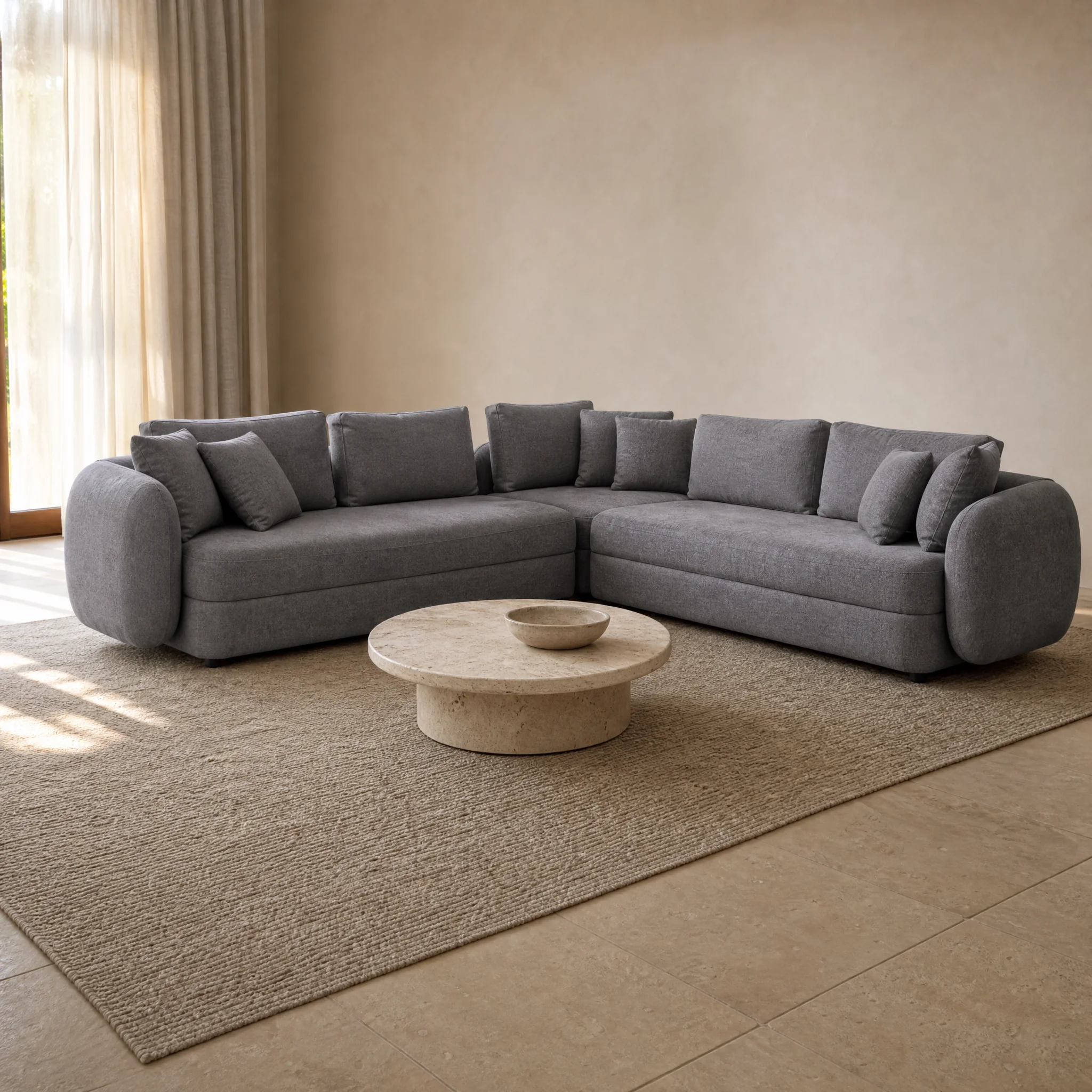 Toscana Ecksofa in Grau, symmetrische L-Form mit niedriger Rückenlehne