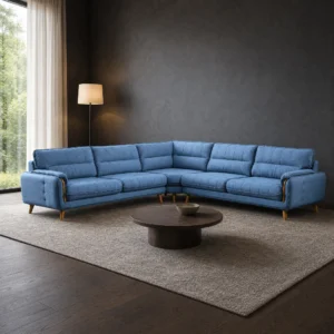 Vega Ecksofa in Jeansblau, symmetrische L-Form aus Eckelement und zwei Dreisitzern