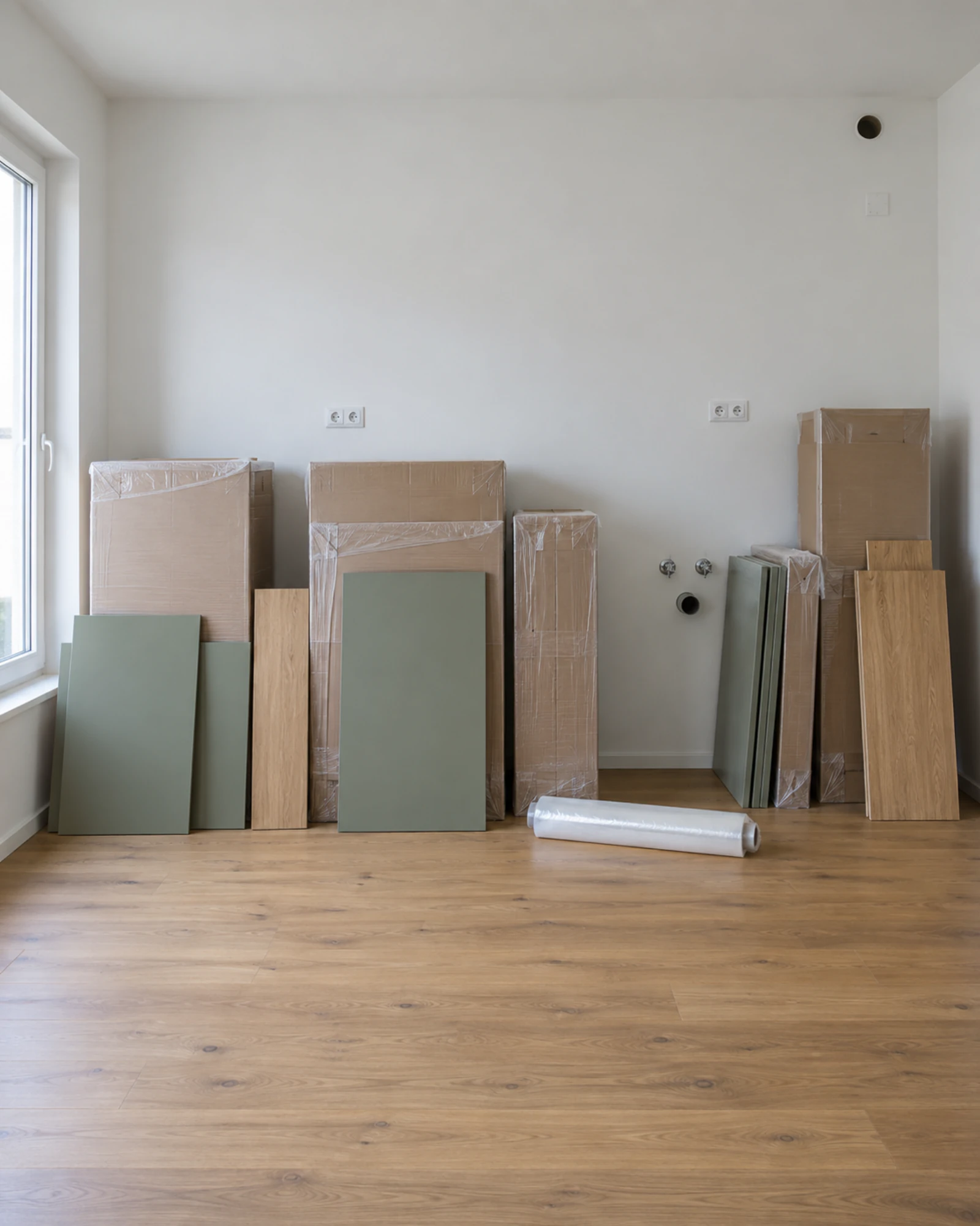 Verpackte Küchenelemente und Fronten stehen an einer kahlen Wand in einem leeren Raum, bereit zum Aufbau