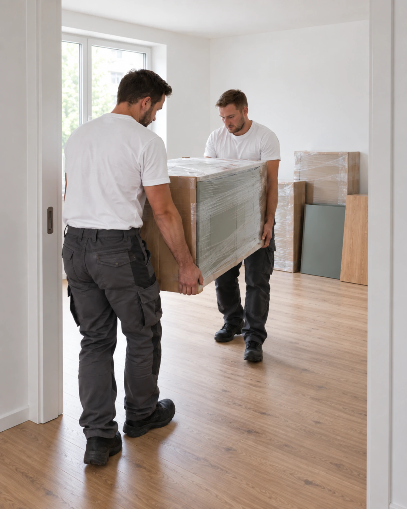 Zwei Monteure tragen ein verpacktes Küchenelement durch die Wohnungstür, dahinter stehen bereits weitere Teile bereit