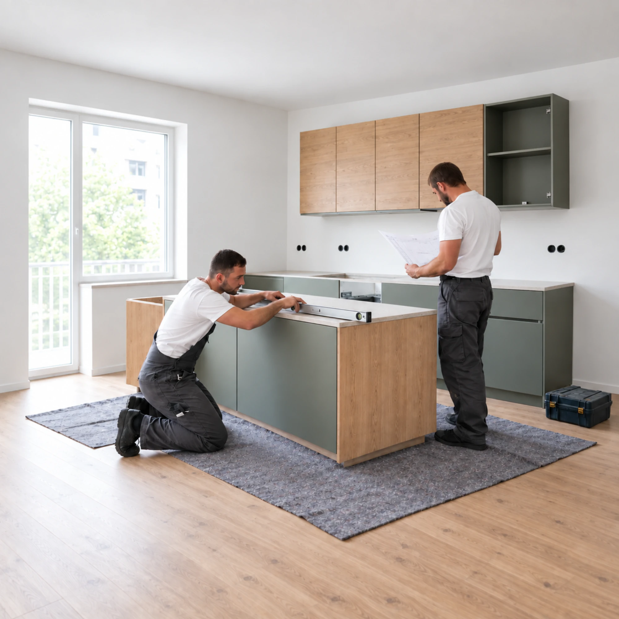 Zwei Monteure bauen eine Küche in einer leeren Wohnung auf: einer richtet die Kücheninsel mit der Wasserwaage aus, der andere prüft den Montageplan