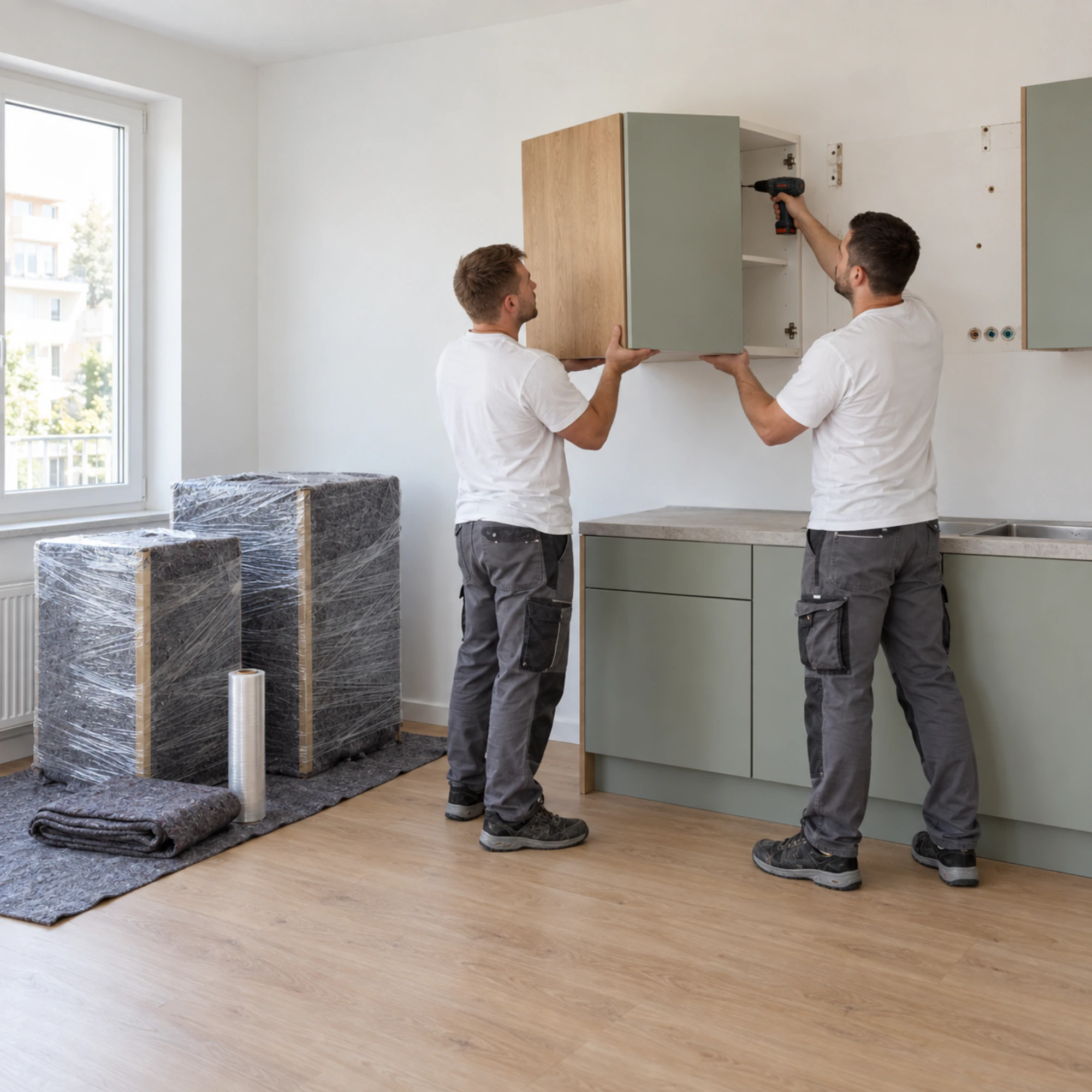 Zwei Monteure bauen eine gepflegte Küche für den Umzug ab: einer löst einen Oberschrank, der andere hält ihn; daneben stehen bereits gesicherte Elemente