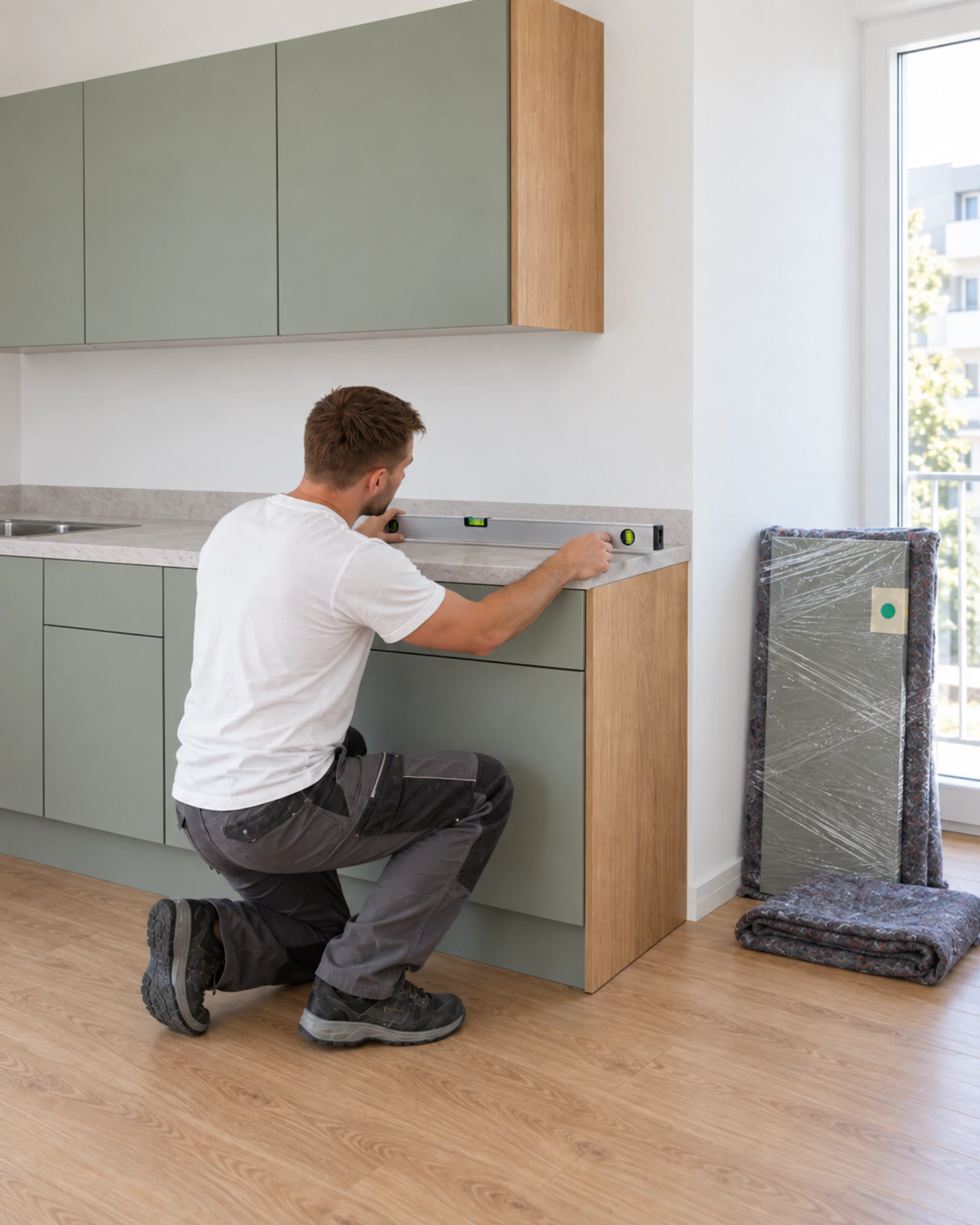 Dieselbe Küche steht in der neuen Wohnung wieder: ein Monteur richtet die Zeile mit der Wasserwaage aus, ein letztes gesichertes Element wartet daneben