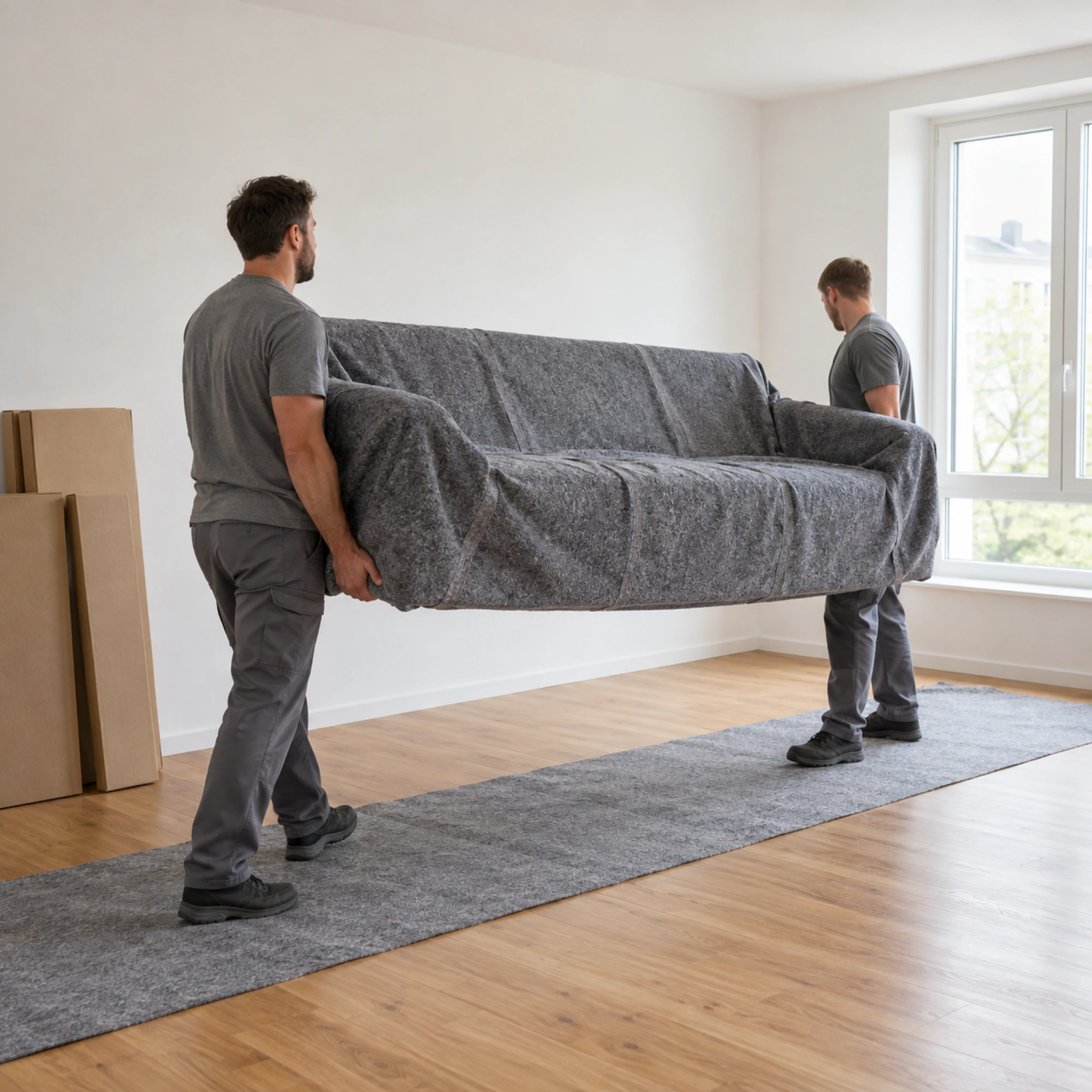 Zwei Möbelträger bringen ein in Decken verpacktes Sofa in eine helle Wohnung
