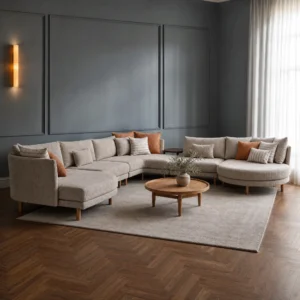 Mayer Ecksofa in Sandbeige mit Rundelement und Liegeteil