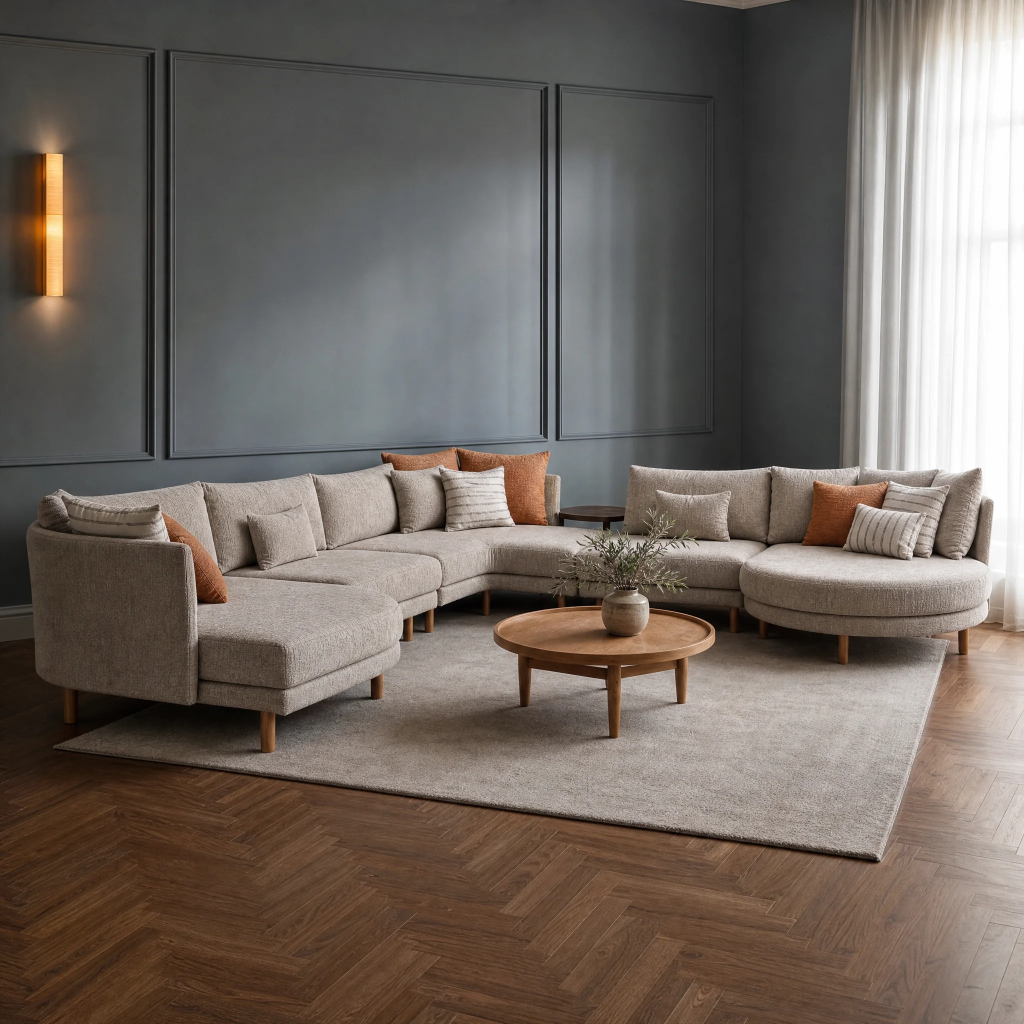 Mayer Ecksofa in Sandbeige mit Rundelement und Liegeteil