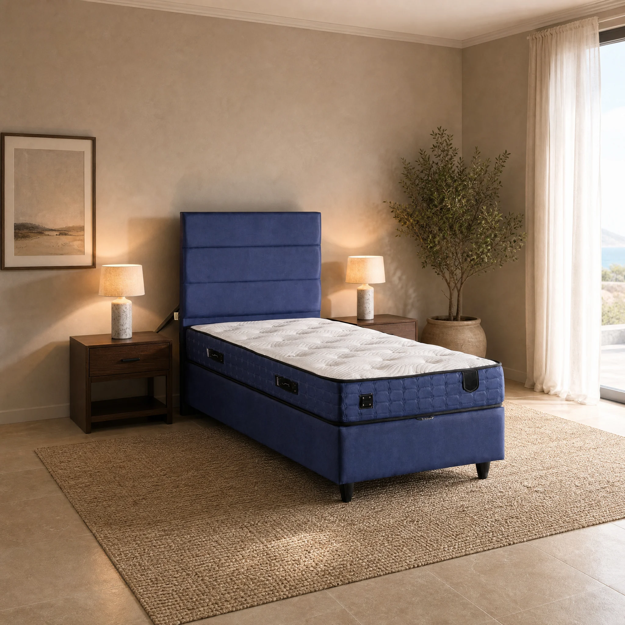 Essen Blue Polsterbett in kräftigem Dunkelblau mit hohem Kopfteil im hellen Schlafzimmer
