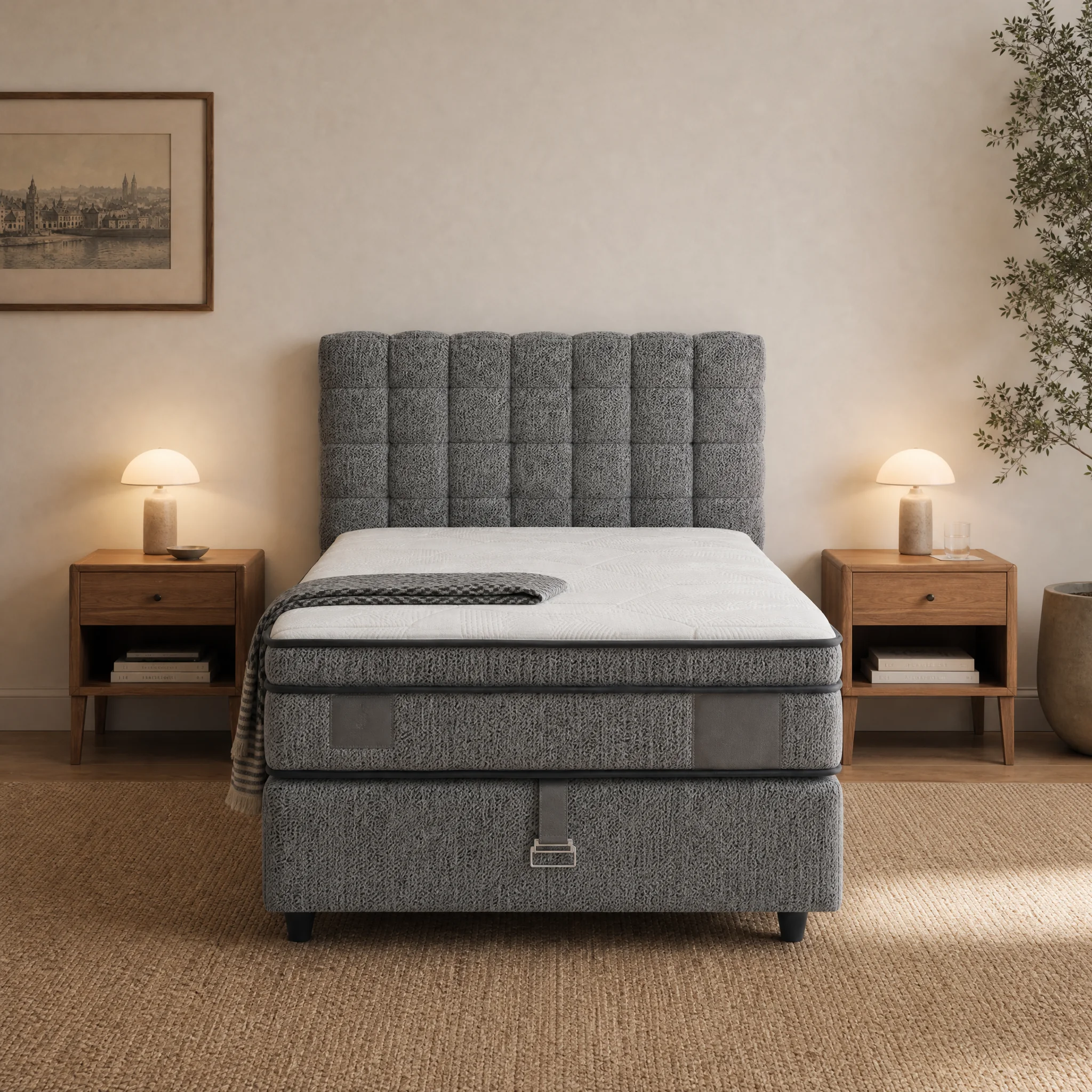 Frontansicht: graues Bett mit gerastertem Kopfteil, Bettkasten mit einer Zugschlaufe und Metallschnalle
