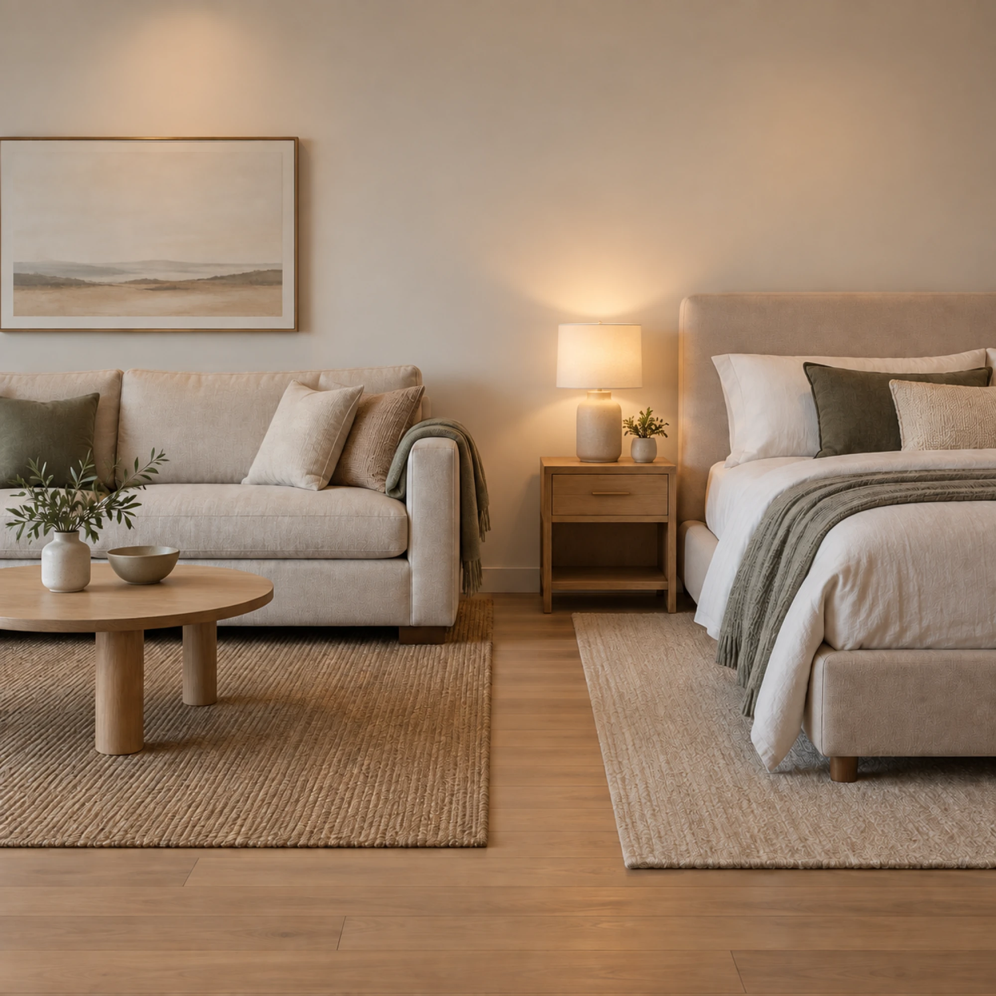 Wohn- und Schlafbereich nebeneinander aufgebaut: Sofa mit Teppich neben einem Bett mit Nachttisch