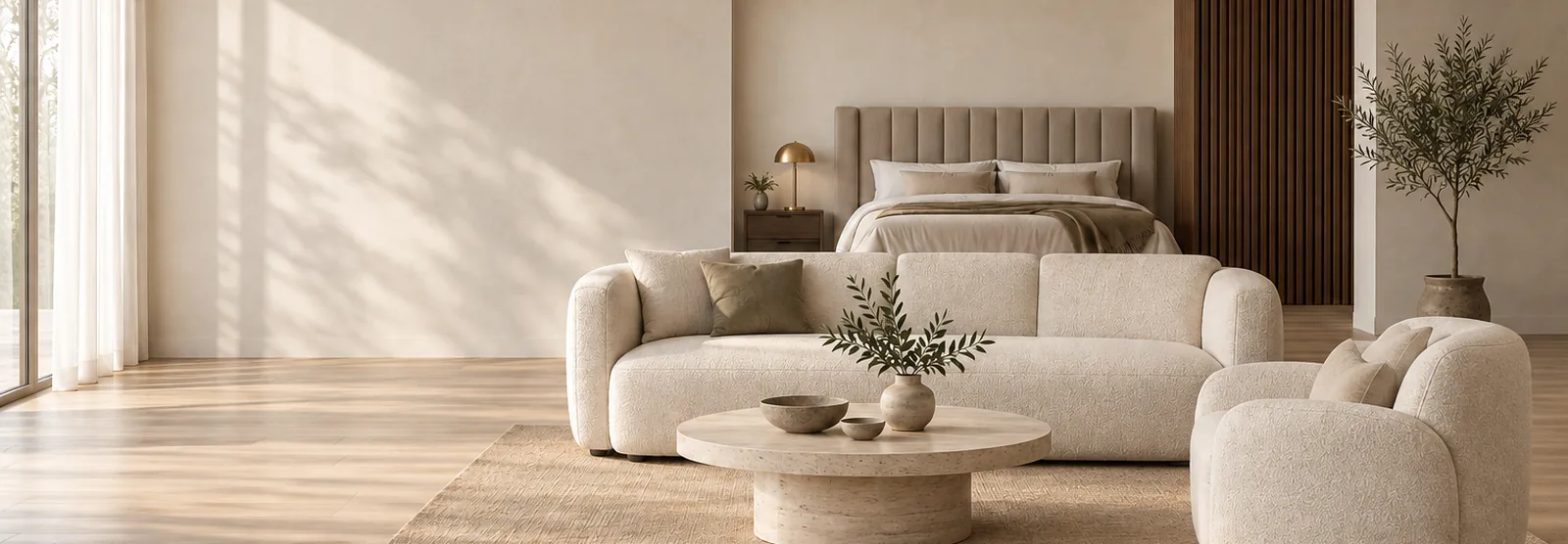 Showroom mit cremefarbener Sofagarnitur, rundem Travertintisch und Polsterbett im Nebenraum – alle Möbel bei Plazacrown