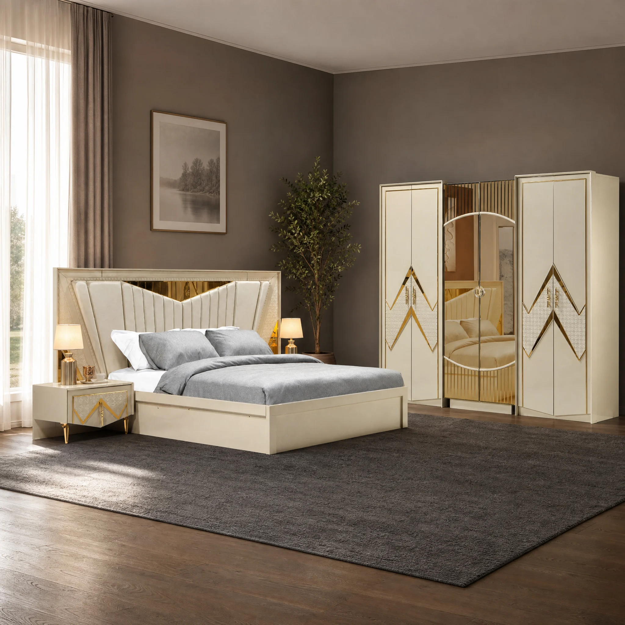 Area Schlafzimmer komplett, Gesamtansicht mit Kleiderschrank, Kommode und Bett