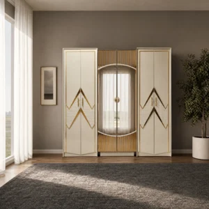 Kleiderschrank 242 cm mit goldenen Winkel-Einlagen, freigestellt aufgenommen